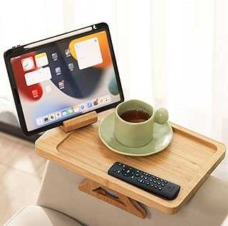 GEHE Bamboo Couch Arm Table for Wide Couches Arm, Foldable Sofa Arm Tray Clip Table with 360° Rotating Phone Holder, Portable Couch Arm Tray/Armrest Tray for Eating and Drink Tray Table