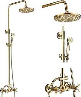 Votamuta Rain Shower System Set Gold 2 Cross Knobs Mixer Tap 8 Inch Rainfall Shower Head with Handheld Spray Bathroom Shower Faucet Wall Mount Shower Combo Set Dual Function