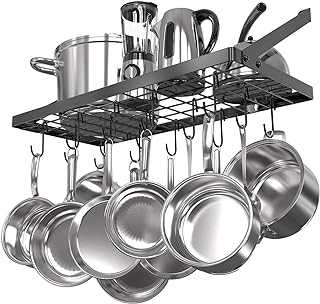 Vdomus Pot Rack Wall Mounted, Hanging Pot Rack, Cookware Organizer, Square Grid Kitchen Storage Pot and Pan Organizer with 15 Hooks, Ideal for Pans, Utensils, Cookware (black)