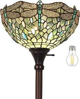 MOOVIEW Tiffany Floor Lamp Torchiere LED Uplight Stained Glass Dragonfly Retro Floor Lamps for Living Room Retro Corner Bright Torch Lamp Included 1PCS LED Bulb(2700K, E26), Sea Blue