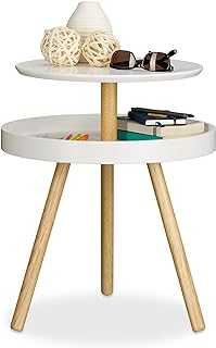 Relaxdays Round Side, Wooden, Birch, Shelf, 3-Legs, Coffee Table, HxWxD: 55 x 47 x 47 cm, White, 47x47x55 cm