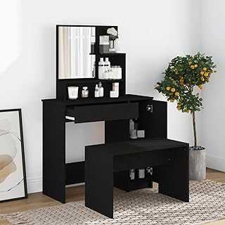 Gecheer Dressing Table Makeup Table Vanity Table with Mirror,Drawers,Shelves Makeup Cosmetics Dresser Furniture Black 86.5x35x136 cm Bedroom Dressing Tables