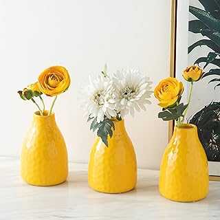 Modern Geometric Lemon Yellow Flower Vase Set of 3, Handmade Shinning Glazed Vase for Pampas Grass, fresh bouquets, Cute Decorative Ceramic Vase for Home, Living Room Office Parties Wedding, 13cm Tall