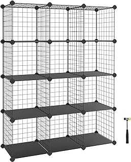 SONGMICS 12-Cube Wire Grid Storage Rack, Interlocking Shelving Unit with Metal Mesh Shelves and PP Plastic Sheets, for Books Shoes Clothes Tools, in Living Room Bathroom, Black LPI34H