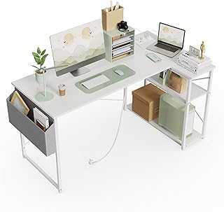 BEXEVUE Small L Shaped Desk with Power Outlets - 120x70 cm Corner Computer Desk Writing Table, Reversible Large Storage Shelves, Bookshelf Workstation for Study Play Work Bedroom Home Office White