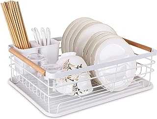BTGGG Dish Drainer Rack with Removable Drip Tray, Metal Kitchen Dish Drying Rack Organiser with Wooden Handles, Dish Rack, Dish Drainers, White, 43 x 30.5 x 14 cm
