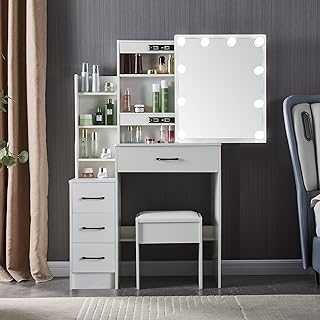 Saihemei Dressing Table Vanity Table with Large Mirror, 4 Drawers and 6 Shelves Cosmetic Storage Dresser for Bedroom Studio