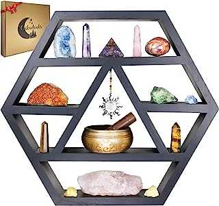 Hexagon Crystal Shelf Display - Large 21" Black Geometric Altar Shelf for Crystals - Table or Hanging Wood Hexagon Floating Shelves -Boho Crystal Display Shelf & Essential Oils - Spiritual Decor Gifts