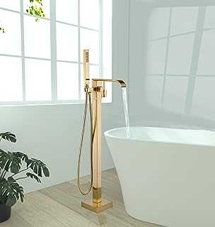 Freestanding Bathtub Faucet Brushed Gold Floor Mount Waterfall Tub Filler High Flow with Hand Shower Solid Brass 360 Degree Swivel Standing Mixer Taps for Bathroom