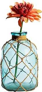 Diamond Star Rustic Glass Bottle Vase Decorative Blue Flower Vase with Creative Rope Net (Small)
