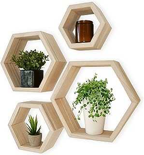 Hexagon Shelves Natural Premium Wood Floating Shelves Set of 4 Wall Shelf for Bedroom, Office, Living Room & Bathroom – Farmhouse Wall Décor - Decorative Wooden Honeycomb Shelves with Alignment Tool