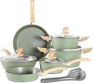 Kitchen Academy Induction Cookware Sets - 12 Piece Cooking Pan Nonstick Set, Granite Green Pots and Pans Set