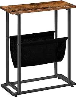 HOOBRO Slim Side Table, Narrow End Table, Industrial Bedside Tables with Magazine Holder Sling, Small Table for Small Spaces, Skinny Magazine Table, Metal Frame, Rustic Brown and Black EBF81BZ01