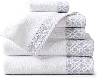 100% Turkish Cotton Luxury Towel Set | Super Soft and Highly Absorbent | Textured Dobby Border | 550 GSM | 2 Bath Towels, 2 Hand Towels, & 2 Washcloths | Nitra Collection (White / Light Grey)