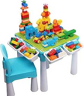 burgkidz Kids 5-in-1 Multi Activity Table Set - 128 Pieces Compatible Bricks Toy Includes 1 Chair and Large Building Block Table with Storage, Green Baseplate Board (Blue)
