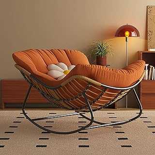Lounge Sofa Chair Padded Cushion Rocker Recliner Chair for Front Porch,Living Room,Sunroom,Patio,Backyard,Oversized Rattan Erocking Chair,Modern Papasan Chair/Orange/Size
