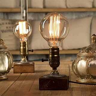 Bonlux Industrial Table Lamp Dimmable, Steampunk Desk Lamp, Vintage Bedside Lamp E27 Edison Lamp Holder Base, Rustic Lamp Retro Lamp Wooden Small Lamps for Bedroom Living Room Decoration Pack of 1