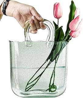 OLEEK purse vase for flowers (handmade) Glass Purse for Drinks -10Inche- Clear, cool & cute vase for centerpieces & Fish bowl - handbag unique flower vase decorative - wide mouth bubble vase for décor