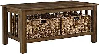 Eden Bridge Designs Mission Style Two Tier Coffee Table with Rattan Storage Baskets, Wood, Dark Walnut, 40 Inch