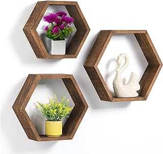 Wooden Hexagon Floating Shelves, Set of 3 Large Wall Mounted Shelf for Home, Room, Kitchen Or Office Decor, Geometric Hexagonal Rustic Farmhouse Natural Wood