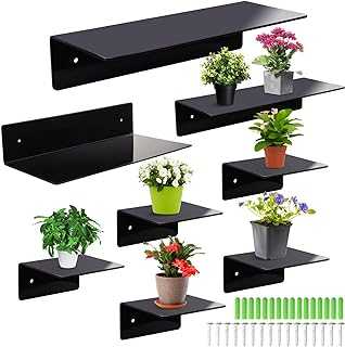 Vyuwast 8 Pcs Acrylic Floating Shelves, Black Wall Shelf Bathroom Shower Book Window Shelf for Plastic Display Corner Shelves Mounted Plant Shelf with 16 Screw Utilizes Wall Space for Picture Toys