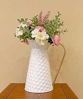 Elegant White Metal Flower Jug Vase, Farmhouse Galvanized Pitcher Vase,Rustic Decorative Milk Jug for Flowers
