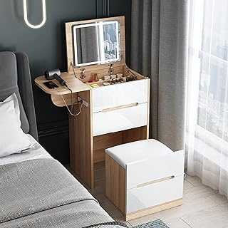 Dressing Table with LED Light Mirror, Cosmetic Table with Flip Up Mirror & Power Outlet, 2 Drawers and 2 Organization, Modern Vanity Makeup Writing Desk with Storage Stool, for Bedroom (Color : W