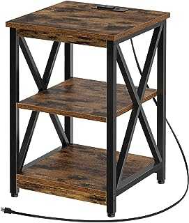 Rolanstar End Table, Sturdy Side Table with Charging Station, 2 USB Ports, 3 Tier Open Shelf and Large Storage, Stable Frame Beside Table for Sofa, Living Room (Rustic Brown)