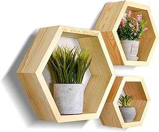 Set of 3 Natural Pine Wood Hexagon Shelves for Wall Decor - Farmhouse Honeycomb Shelves for Living Room Decor, Kitchen Storage, Mounted Storage for Living Room, Kitchen - Durable, Stylish & Versatile