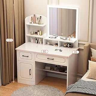 Dressing Table,Vanity Table with Rectangle Mirror,LED Lights with Adjustable Brightness,2 Drawers 1 Door and Open Shelves,Wooden Modern Bedroom Dresser,White Desk Make up Table