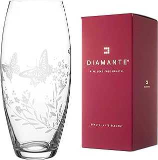 DIAMANTE Butterfly Vase - Etched Butterfly Filigree Wild Flower Floral Pattern - 30cm Clear