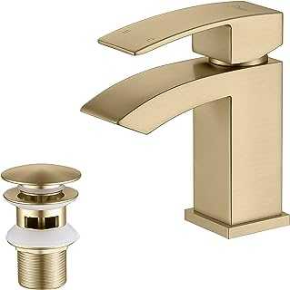 Friota Basin Taps with Pop Up Waste, Brushed Gold Brass Single Lever Waterfall Bathroom Sink Taps for Bathroom Single Hole with UK Standard Hose
