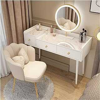 Dresser White Dressing Table Vanity with Round Mirror and 1 Large 1 Small Drawers Makeup Table Vanity Desk for Bedroom Makeup Jewellery Storage Dressing Table ()