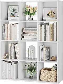 HOCSOK Cube Bookcase Bookshelf with 12 Cube Storage Units Wooden Display Shelving Storage Unit Office Living Room Furniture, White, 91 x 29 x 120 cm
