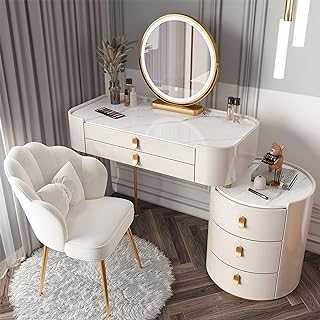 Dressing Table Luxury Solid Wood Dressing Table with Rock Slab Top, Modern Makeup Table Storage Cabinet Telescopic Table Set with Stool LED Mirror & 5 Drawers