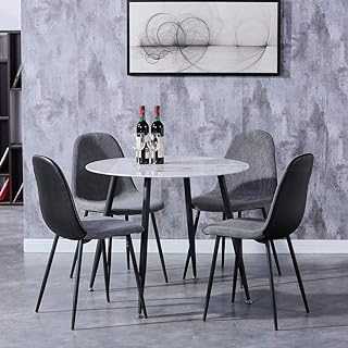 GOLDFAN Marble Dining Table and 4 Chairs Modern Round Kitchen Table and 4 Fabric Padded Chairs Home Office Furniture,White and Grey