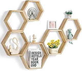 YBING Hexagon Floating Shelves Wall Mounted Farmhouse Wood Storage Honeycomb Wall Shelf Set of 6 Hexagonal Shelves Wall Home Decor Hexagon Shelves for Living Room Bedroom Office, Light Brown