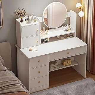 Ruication Dressing Table,Vanity Table with Round Mirror,LED Lights with Adjustable Brightness,4 Drawers 2 Doors and Open Shelves,Wooden Modern Bedroom Dresser,White Desk Make up Table
