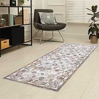 2x6 ft Boho Runner Rug - Versatile Area Rug for Hallway, Kitchen, Bathroom, Entryway, Laundry Room, Bedroom - Grey, White and Natural Tones- Oriental Style - Soft Thick Rug with Tribal Patterns