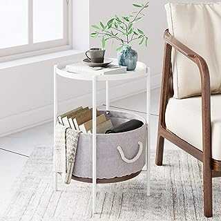 Nathan James Round Modern Side Accent or End Table for Living Bedroom and Nursery Room, Engineered Wood Metal Marble Paper or Polyester Fabric, White