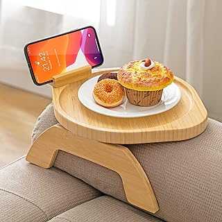Bamboo Sofa Tray Table Clip on Side Table Couch Arm with 360° Rotating Phone Holder, Couch Tray for Arm, Sofa Table for Eating/Drinks/Snacks/Remote/Control