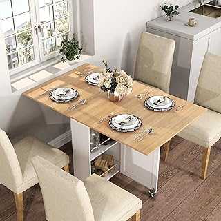 3imothrix Folding Dining Table, Dinner Table with Drawer and Storage and Shelves, Space Saving Dining Table with 6 Wheels, Kitchen Table for Small Spaces (Light Brown)