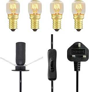 Salt Lamp Replacement Light Fitting with Button + 4 Units of 15 Watt E14 Incandescent Oven Bulb. Black Power Cord Cable Comes with Certified E14 Bulb Holder, Button and British Standard Plug