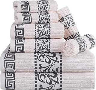 Superior 8 Piece Cotton Towel Set, Highly-Absorbent Plush Decorative Bohemian, Greek Key Trim Jacquard Dobby Border, Face Towels 13” x 13”, Hand Towels 16” x 30”, Bath Towels 30” x 52”, Ivory-Grey