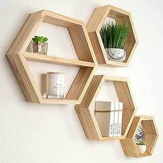 Extra Large Hexagon Floating Shelves - Set of 4 - Honeycomb Shelves Octagon Shelves Wall Hanging Shelves Honeycomb Decor - Wooden Honey Comb Hexagon Shelf for Wall - Geometric Hexagonal Natural Wood
