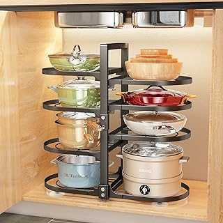SAYZH Pots and Pans Organiser Rack, 8 Tier Snap-on and Adjustable Saucepan Rack, Detachable Pot Lid Holder Stand for Kitchen Chopping Board, Baking Tray Storage and Organiser, Black