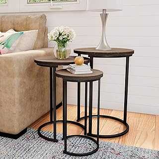 Set of 3 Round Vintage Wooden/Steel Nesting Side Coffee Tables Stacking Sofa Side Tables, Space Saving Coffee Tea Table for Hallway Living Room Bedroom Office Rustic Brown+Black, Round