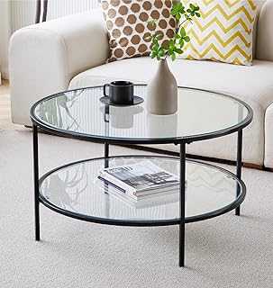 Hallowood Furniture Kempley Black Coffee Table with Glass Top & Shelf, Coffee Table with Black Metal Legs, Round Coffee Table, Glass Coffee Table, Living Room Tables