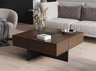 Dark Walnut Modern Style Square Coffee Table with 4 Drawers - White & Walnut