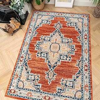 Classic Traditional Persian Style Living Room Area Rug Floral Medallion Border Orange Navy Bedroom Carpet Stain Resistant Oriental Kitchen Dining Room Rugs 120cm x 170cm